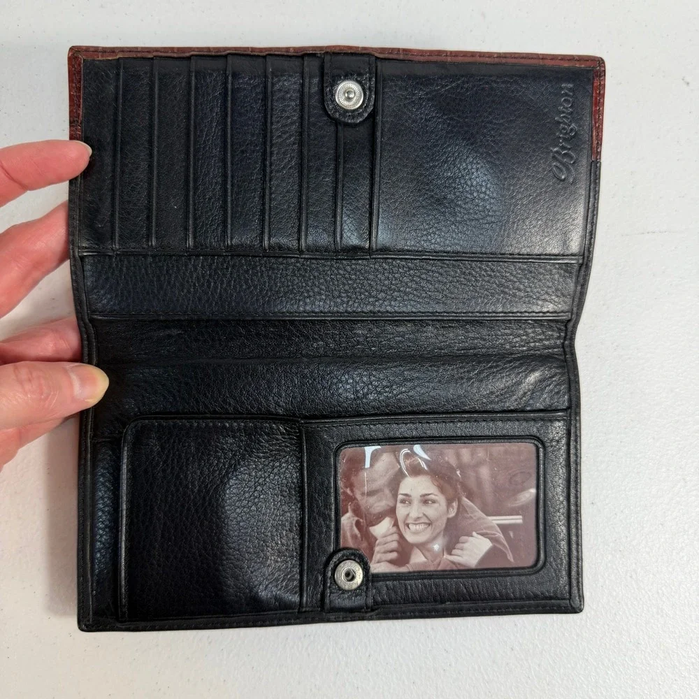 Brighton‎ OS Wallet Tri-Fold Western Heart Braided Croc Leather Black Brown Vtg